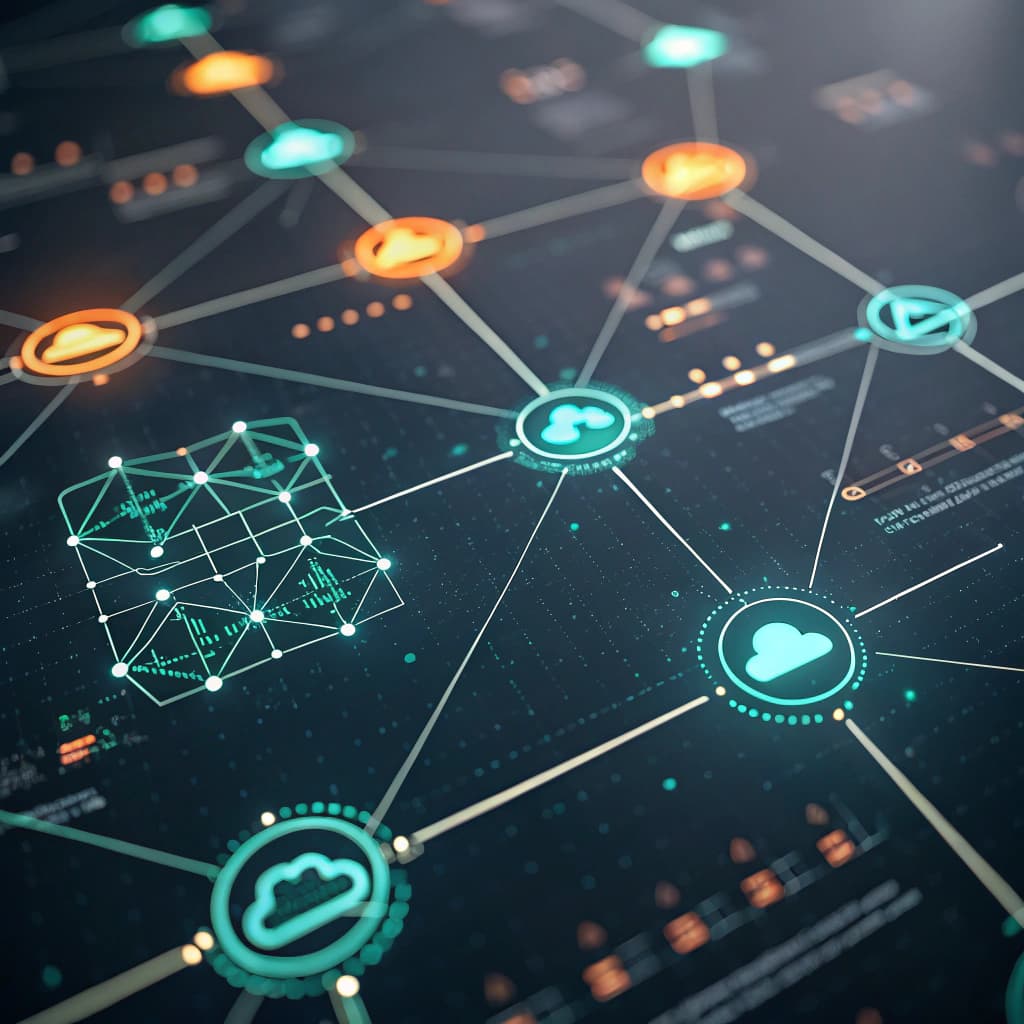 Abstract visualization of AI agents collaborating